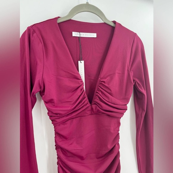 SUSANA MONACO Deep V Ruched Mini Dress Raspberry Red Long Sleeve Fitted Bodycon - Picture 2 of 9